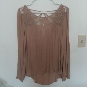 Mine size medium beige button blouse with lace detail and open back